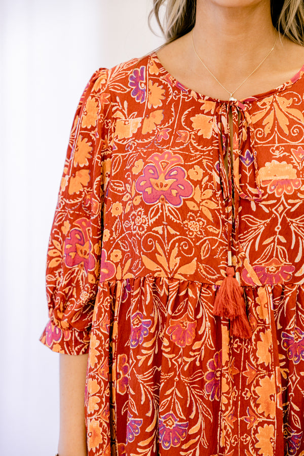 Chic Soul plus size clothing, red and orange multi colored floral print flowy maxi dress with 3/4 sleeves and tassels that tie at the neckline
