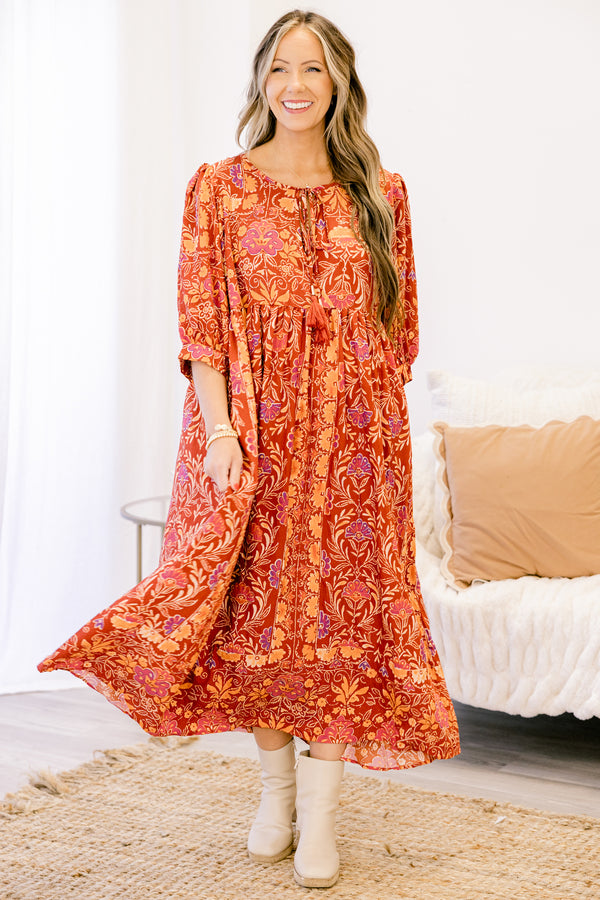 Chic Soul plus size clothing, red and orange multi colored floral print flowy maxi dress with 3/4 sleeves and tassels that tie at the neckline