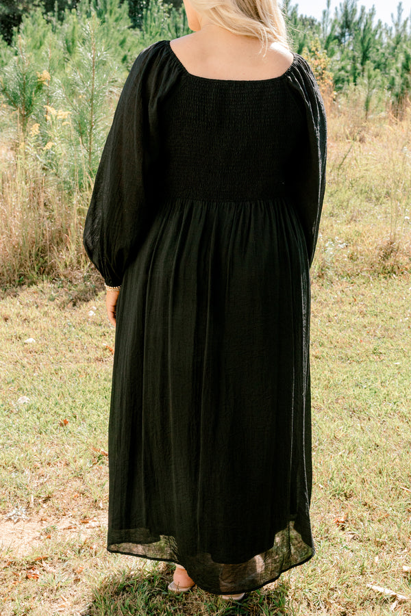 Chic Soul plus size clothing, black long balloon sleeve maxi dress with a bow that ties in the front of the chest