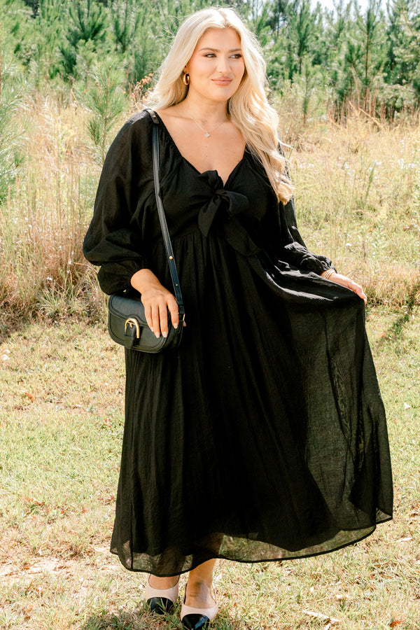 Chic Soul plus size clothing, black long balloon sleeve maxi dress with a bow that ties in the front of the chest