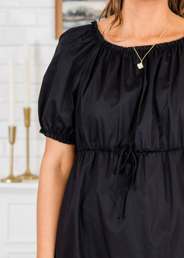Chic Soul plus size clothing, scoop-neckline short-puffed-sleeve black ruffled baby doll top with cinched detailing along neckline and sleeves