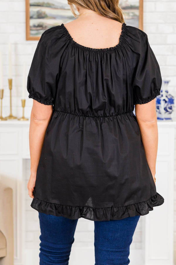 Chic Soul plus size clothing, scoop-neckline short-puffed-sleeve black ruffled baby doll top with cinched detailing along neckline and sleeves