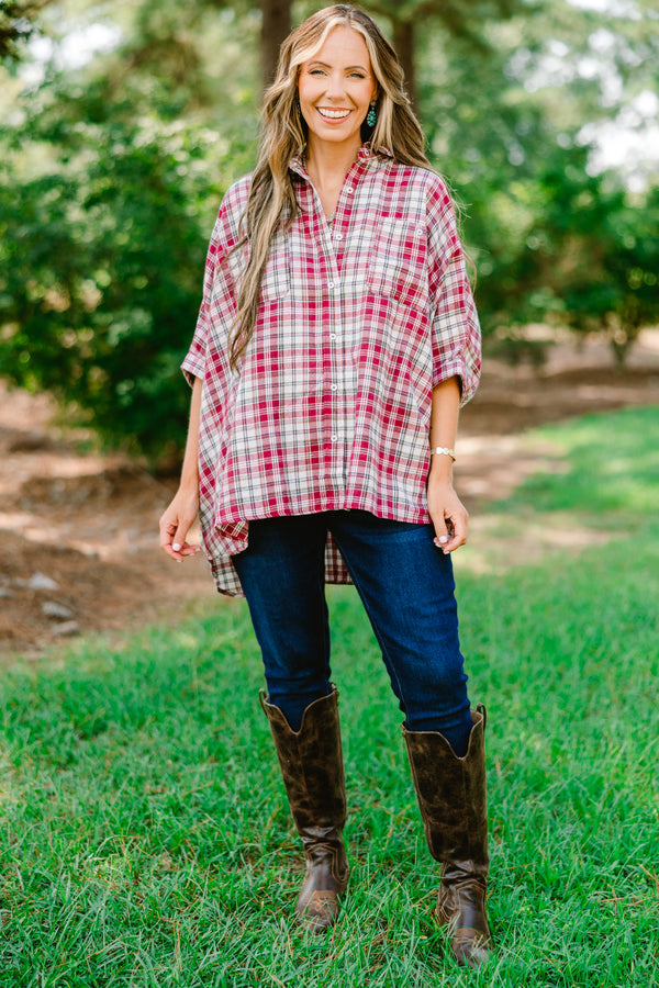 Chic Soul plus size clothing, burgundy plaid top with half sleeves that buttons up and has a collar 