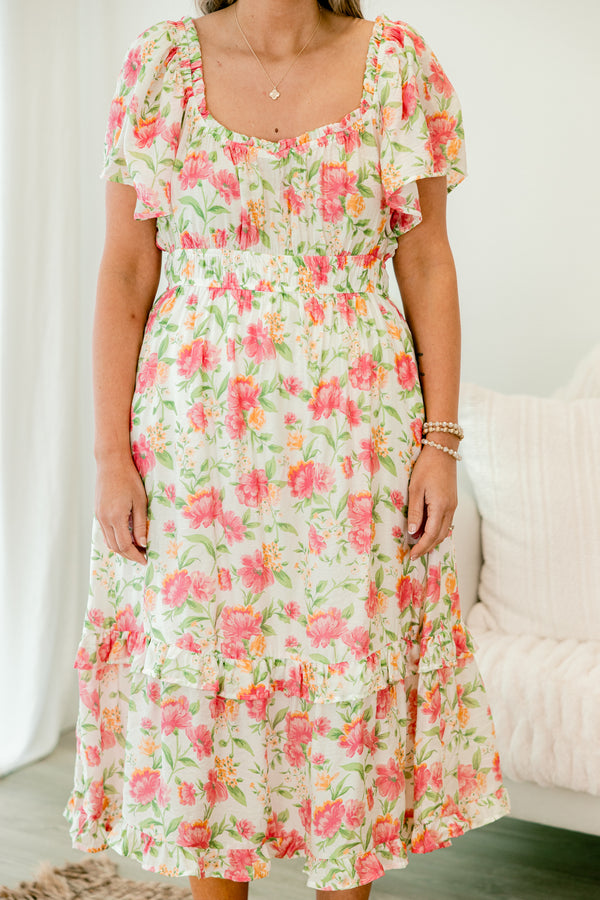Chic Soul plus size clothing, pink short sleeve midi dress with short flutter sleeves with sweetheart neckline with cinched waist with ruffle detail long bottom with large pink floral pattern