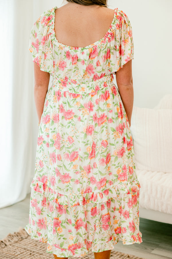 Chic Soul plus size clothing, pink short sleeve midi dress with short flutter sleeves with sweetheart neckline with cinched waist with ruffle detail long bottom with large pink floral pattern