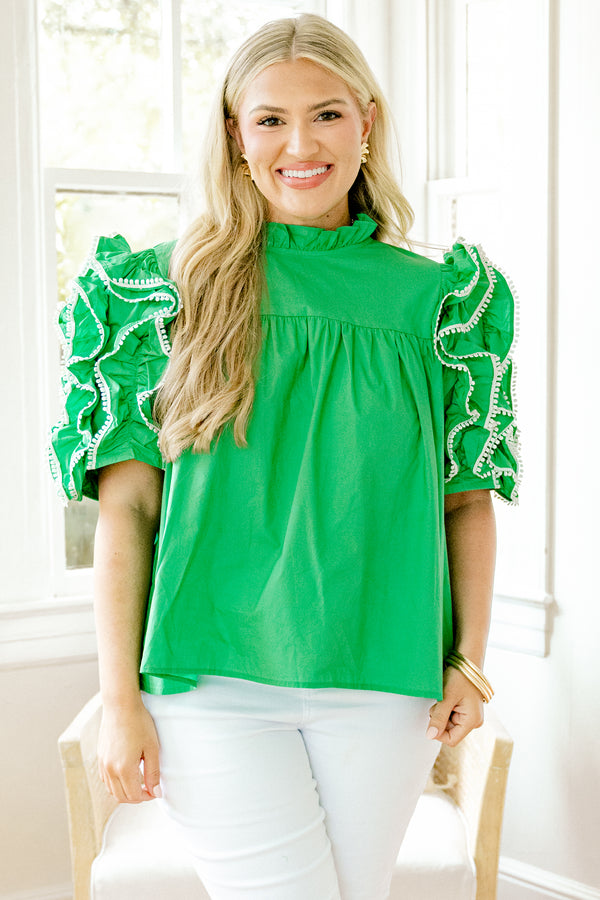 Chic Soul plus size clothing, solid green layered ruffle short sleeve high-ruffle neckline blouse with white dot trim lining sleeve ruffles