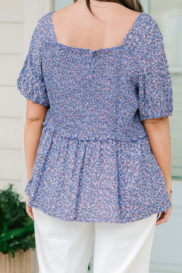 Chic Soul plus size clothing, blue short sleeve top with small floral detailing with square neckline