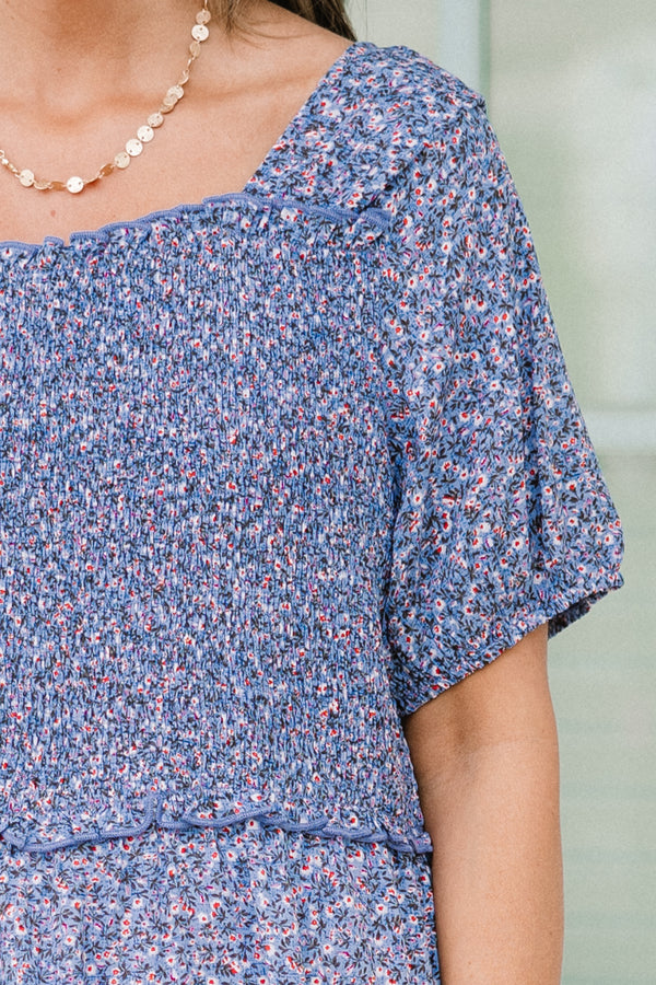 Chic Soul plus size clothing, blue short sleeve top with small floral detailing with square neckline