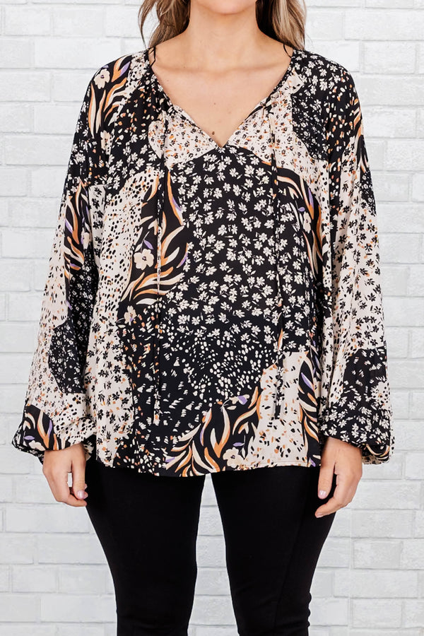 Chic Soul plus size clothing, black multi floral pattern top with v neck and tie detail with bell sleeves