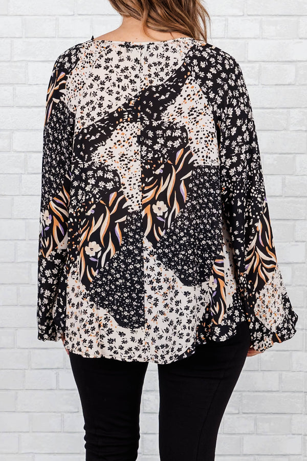 Chic Soul plus size clothing, black multi floral pattern top with v neck and tie detail with bell sleeves