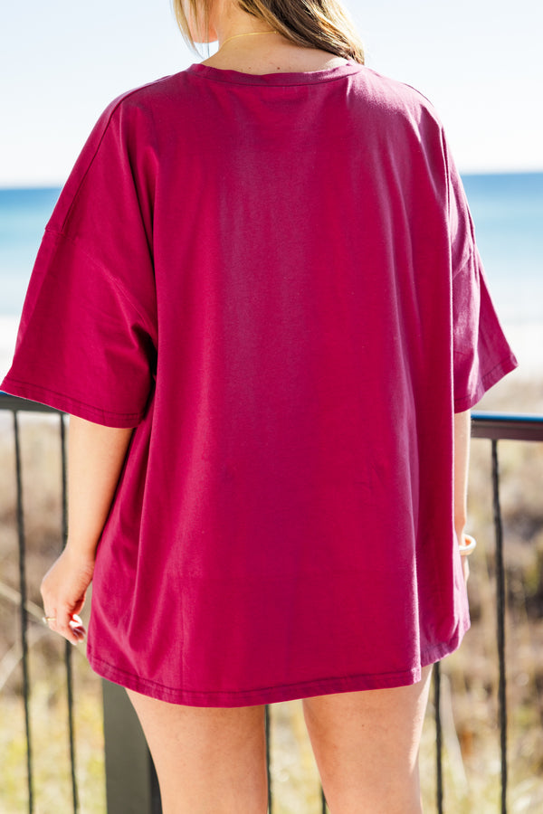 Chic Soul plus size clothing, short-sleeve magenta pink boyfriend tee with a high-scoop-neckline with pink and orange graphic lettering stating 