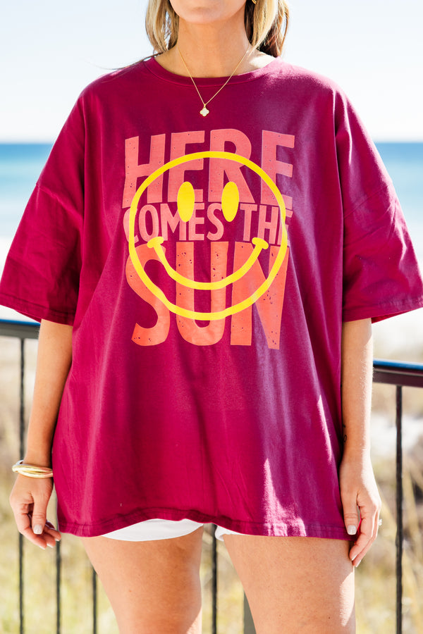 Chic Soul plus size clothing, short-sleeve magenta pink boyfriend tee with a high-scoop-neckline with pink and orange graphic lettering stating 