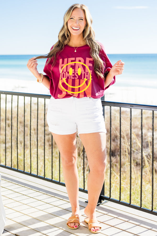 Chic Soul plus size clothing, short-sleeve magenta pink boyfriend tee with a high-scoop-neckline with pink and orange graphic lettering stating 