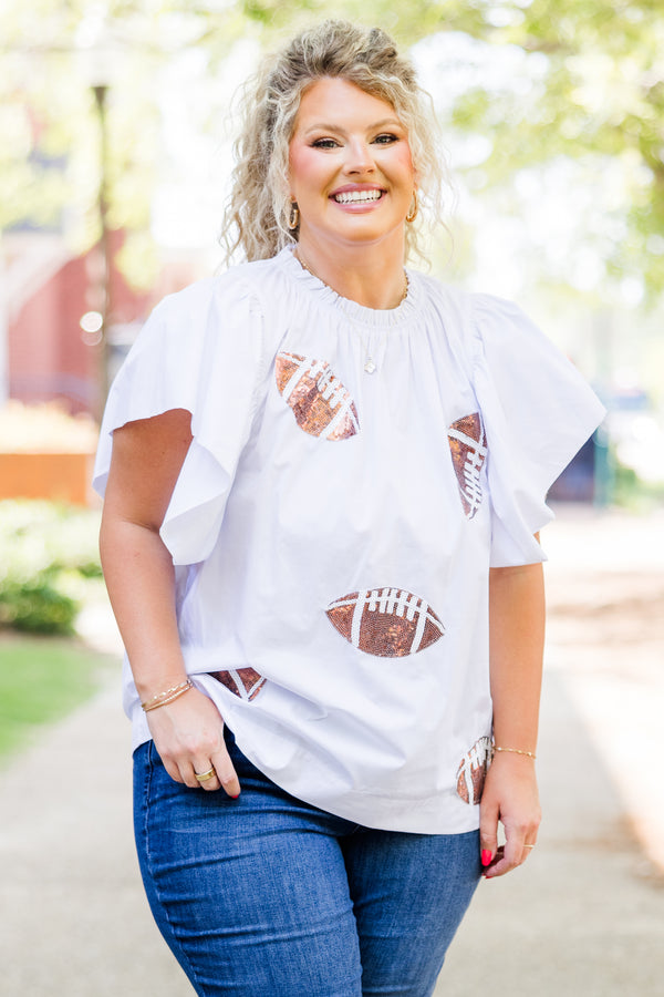 Chic Soul plus size clothing, short-flutter-sleeve white top with smocked neckline and sequined footballs scattered across top 