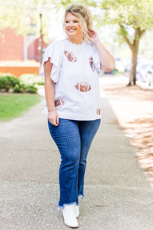 Chic Soul plus size clothing, short-flutter-sleeve white top with smocked neckline and sequined footballs scattered across top 