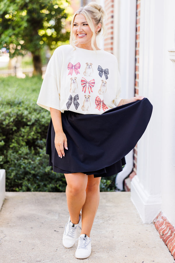 Chic Soul plus size clothing, ivory boyfriend tee with short-sleeves with red and blue bow and bulldog graphic pattern 