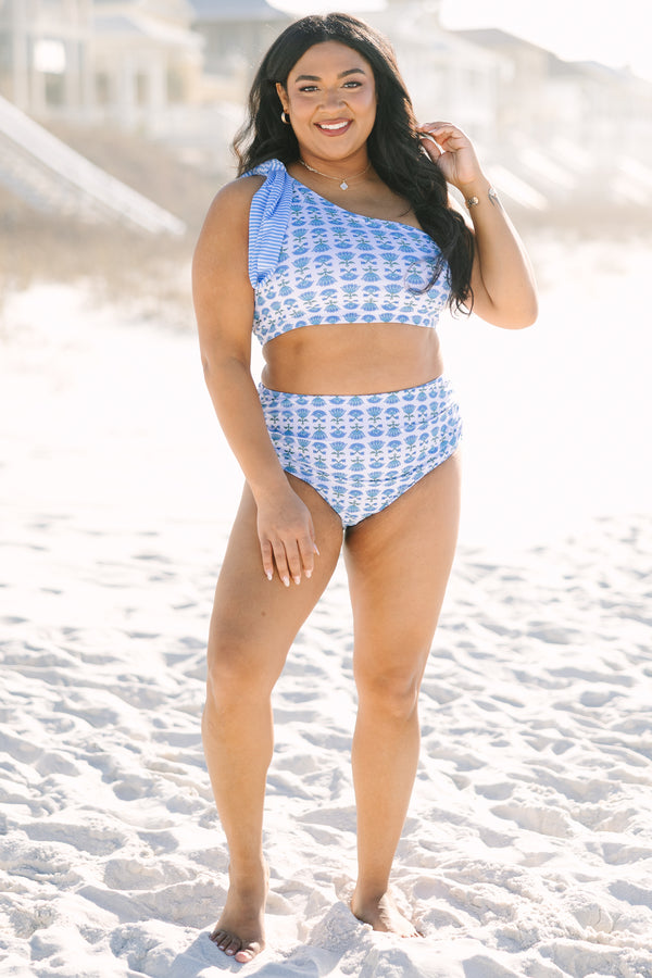 Chic Soul plus size clothing, white high waisted bottom with a blue floral pattern throughout 