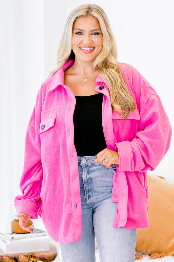 Chic Soul plus size clothing, bubblegum colored shacket with two pockets on the chest and black button details going down the center of the shirt and on the pockets 