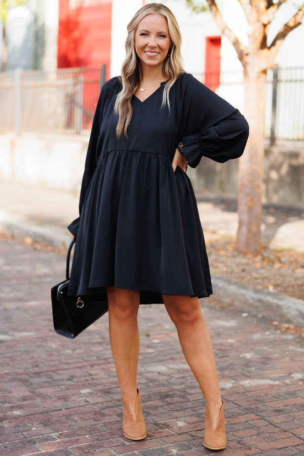 Chic Soul plus size clothing, black flowy babydoll dress with bubble sleeves