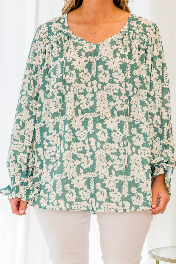 Chic Soul plus size clothing, teal long sleeve floral white print top with flutter sleeves with scoop neckline with tie detail