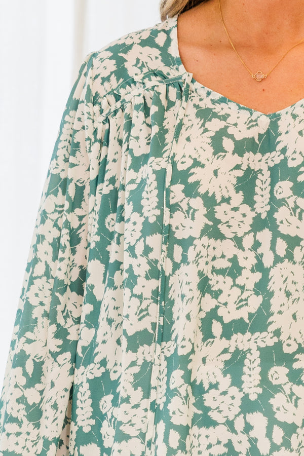 Chic Soul plus size clothing, teal long sleeve floral white print top with flutter sleeves with scoop neckline with tie detail