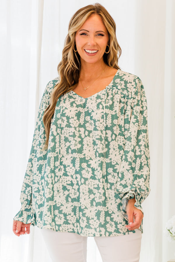Chic Soul plus size clothing, teal long sleeve floral white print top with flutter sleeves with scoop neckline with tie detail