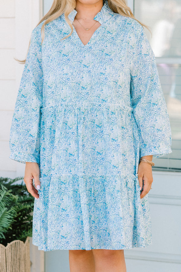 Chic Soul plus size clothing, blue floral patterned babydoll dress with ruffle details on neckline