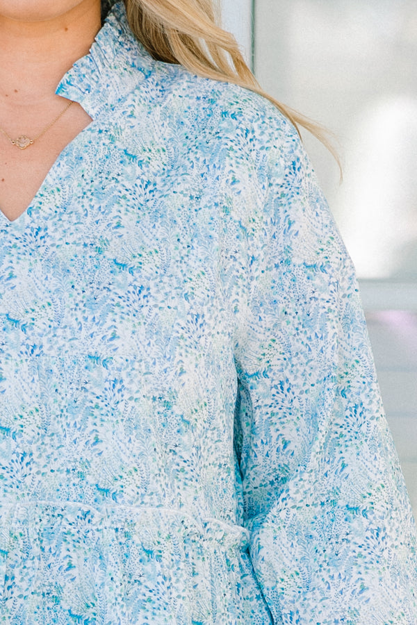 Chic Soul plus size clothing, blue floral patterned babydoll dress with ruffle details on neckline