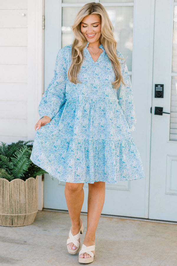 Chic Soul plus size clothing, blue floral patterned babydoll dress with ruffle details on neckline