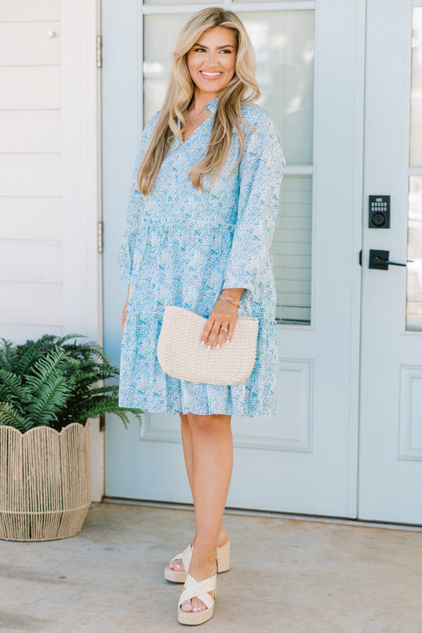 Chic Soul plus size clothing, blue floral patterned babydoll dress with ruffle details on neckline
