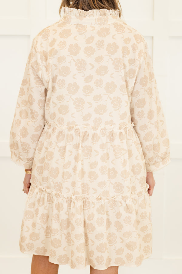 Chic Soul plus size clothing, cream long sleeve short tiered dress with darker cream floral pattern