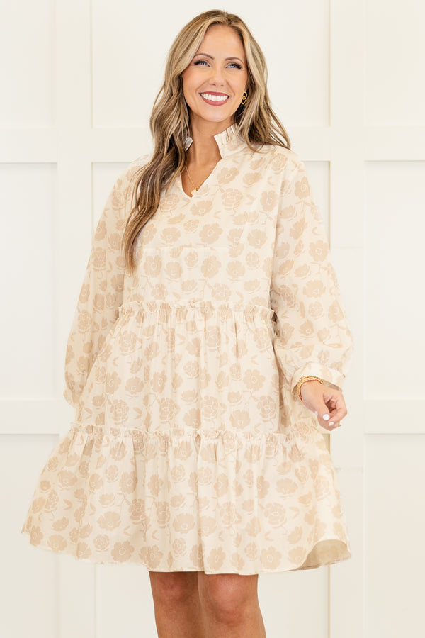 Chic Soul plus size clothing, cream long sleeve short tiered dress with darker cream floral pattern