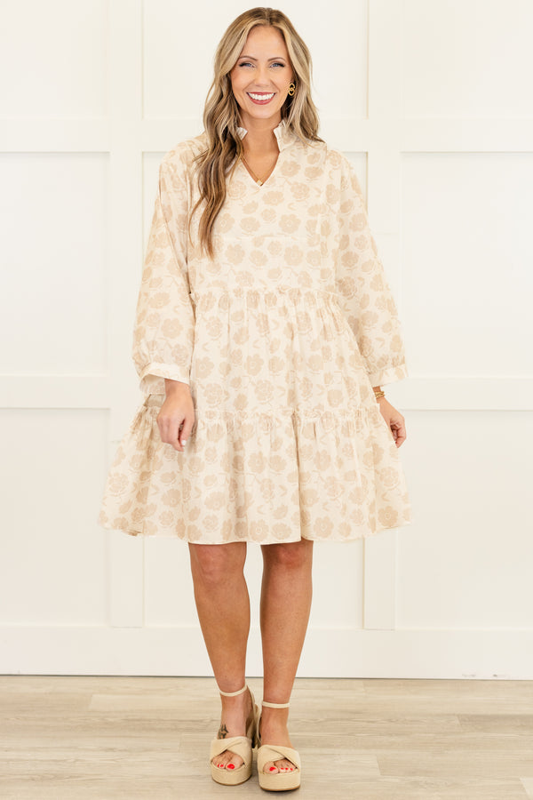 Chic Soul plus size clothing, cream long sleeve short tiered dress with darker cream floral pattern