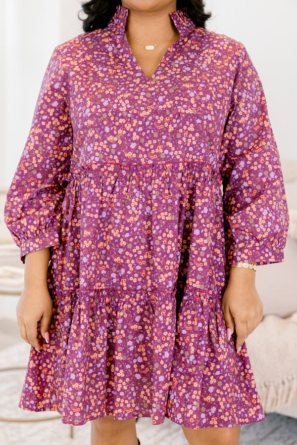 Chic Soul plus size clothing, purple and multi color floral print long sleeve knee length tiered baby doll dress with v neck cutout 