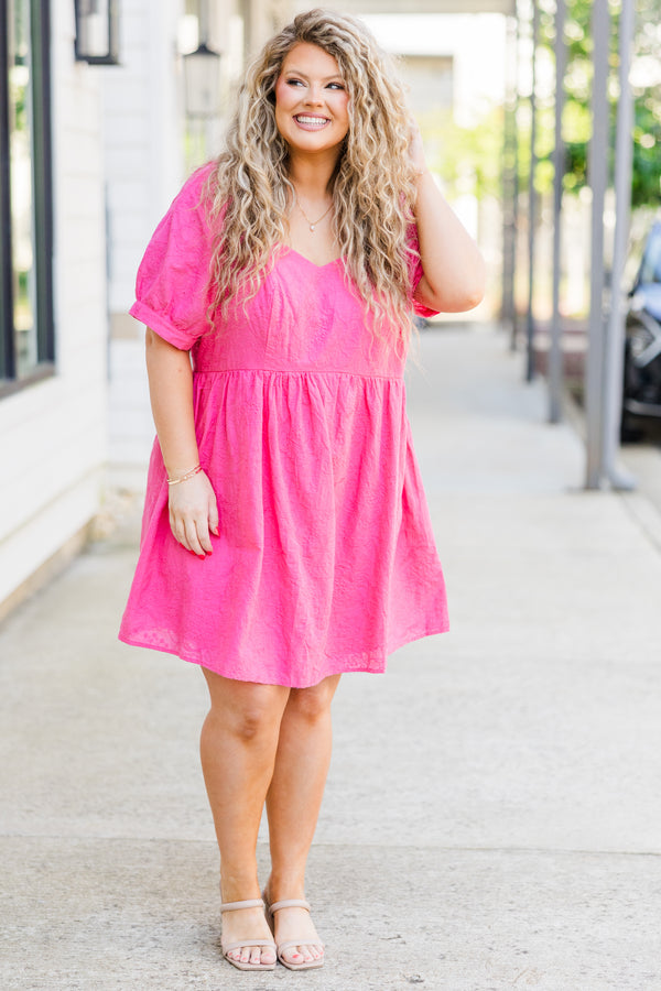 Chic Soul plus size clothing, hot pink short sleeve mini dress with puff sleeves and sweetheart neckline
