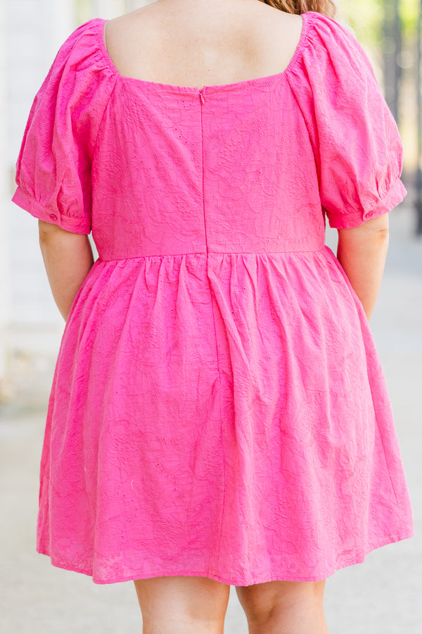 Chic Soul plus size clothing, hot pink short sleeve mini dress with puff sleeves and sweetheart neckline