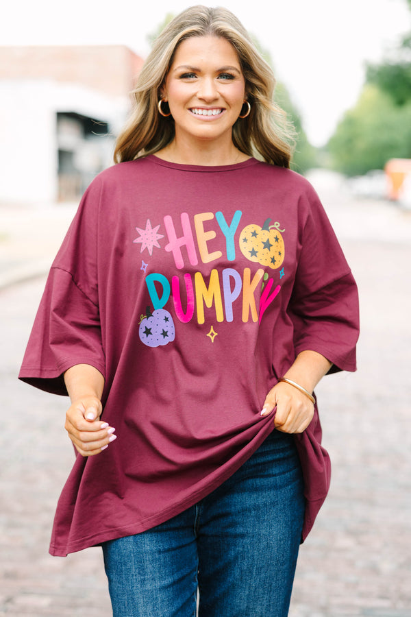 Plus Size maroon oversized boyfriend tee with colorful 