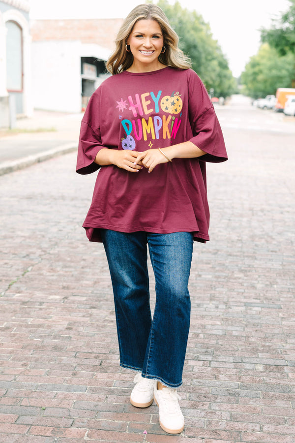 Plus Size maroon oversized boyfriend tee with colorful 