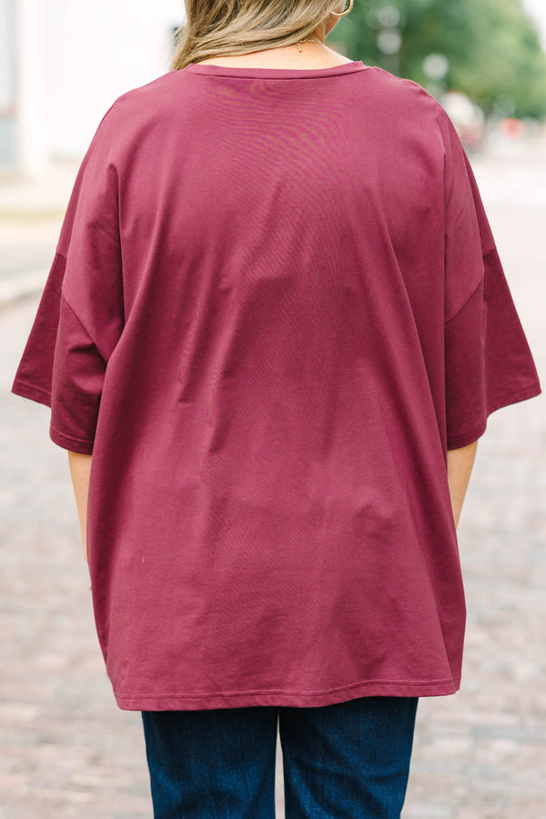 Plus Size maroon oversized boyfriend tee with colorful 