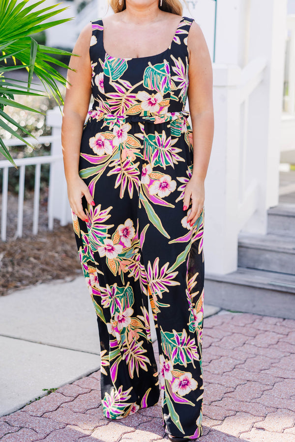 Chic Soul plus size clothing, black sleeveless jumpsuit with scoop neckline and synched waist with multicolor tropical print