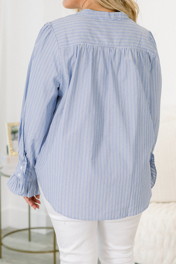 Chic Soul plus size clothing, long sleeve blue pin stripe button up top with cuffed sleeves with ruffle detail