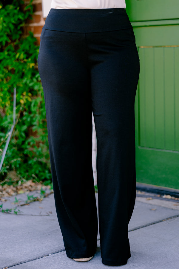 Chic Soul plus size clothing, black pants that have a straight fit and a thick waistband 