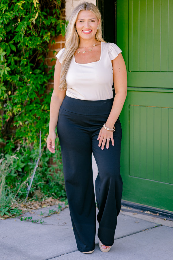 Chic Soul plus size clothing, black pants that have a straight fit and a thick waistband 