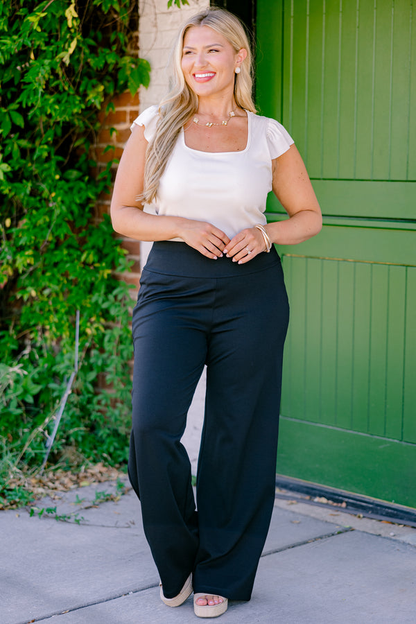Chic Soul plus size clothing, black pants that have a straight fit and a thick waistband 