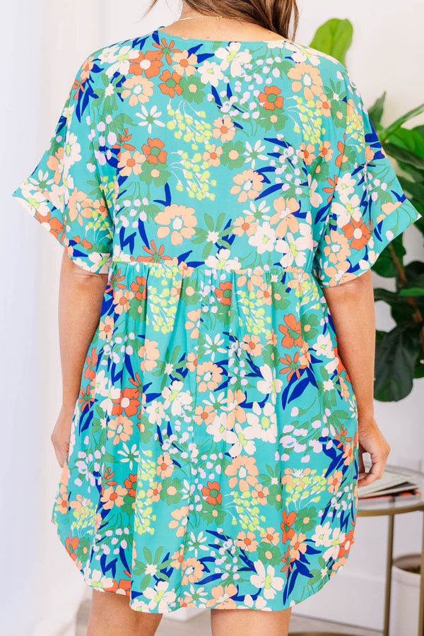 Chic Soul plus size clothing, green babydoll dress with multicolor floral pattern and a v neck