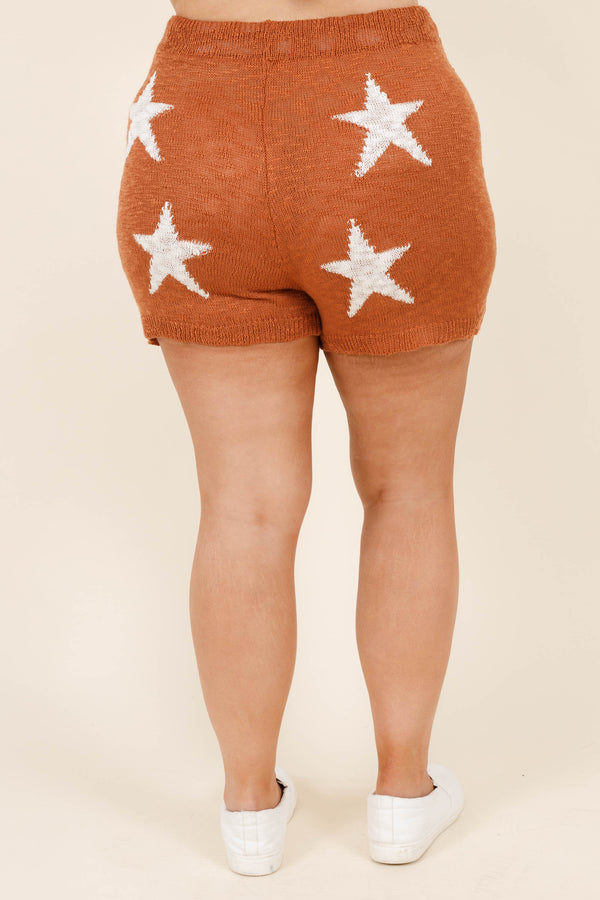 Chic Soul plus size clothing, rust shorts with white star pattern and a elastic waistband