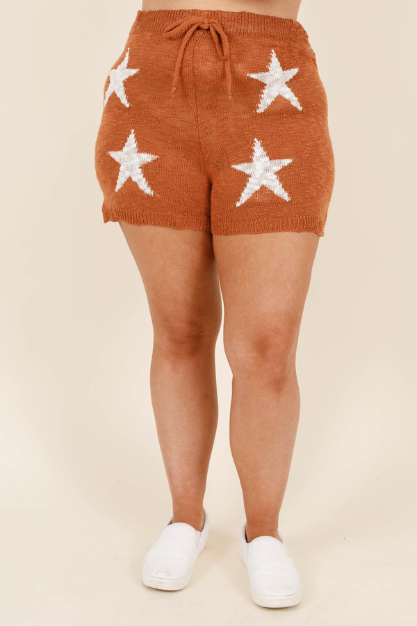 Chic Soul plus size clothing, rust shorts with white star pattern and a elastic waistband