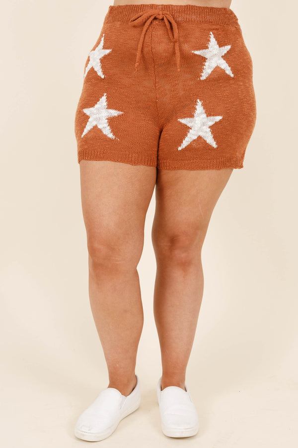 Chic Soul plus size clothing, rust shorts with white star pattern and a elastic waistband
