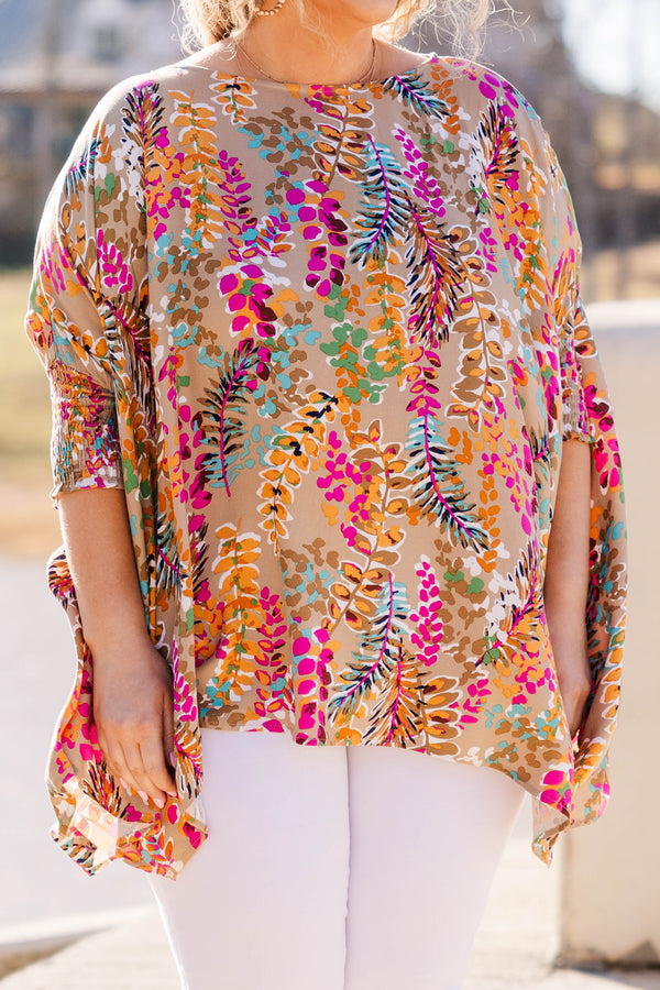 Chic Soul plus size clothing, taupe flowy tunic with multicolor floral pattern and 3/4 length sleeves