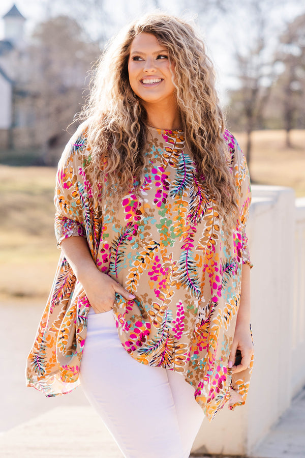Chic Soul plus size clothing, taupe flowy tunic with multicolor floral pattern and 3/4 length sleeves